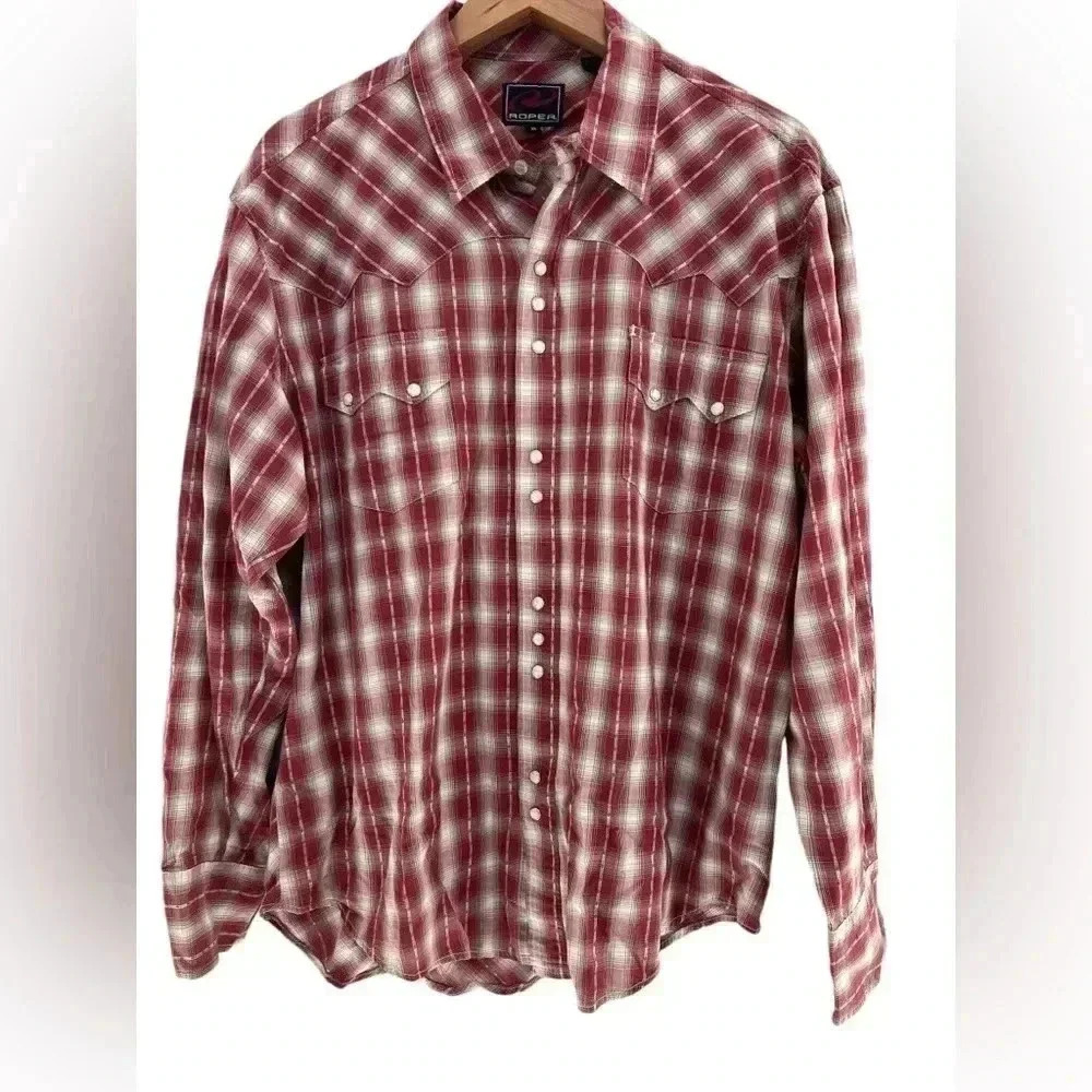 Roper Pearl Snap Long Sleeve Red & White Plaid Western Shirt Size XL